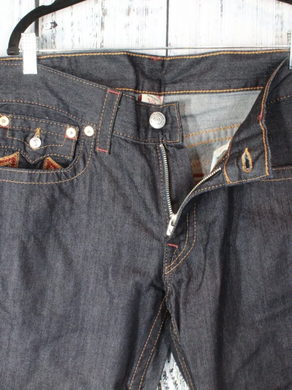 NWT True Religion Straight Leg Flap Jeans Sunset Logo Orange Red Stitch Size 33